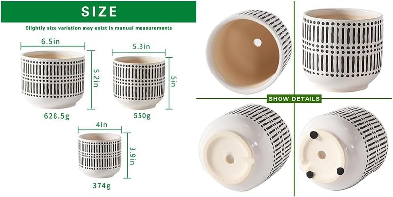 Docrin Store 3-Pack Ceramic Planters Set - 6.5"+5.3"+4" Dual-Tone Flower Pots with Drainage Holes, Modern Indoor Outdoor Planters for Succulents/Herbs/Large Plants, Home Office (Brownish Black & White) - Image 2